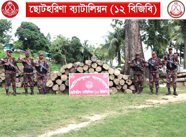 বরকলে ১২ বিজিবি ব্যাটালিয়ন কর্তৃক অবৈধ সেগুন গোল কাঠ আটক